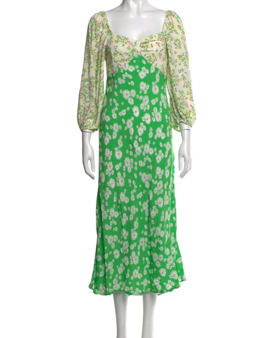 RIXO Green and Cream Floral Puff-Sleeve Midi Dress